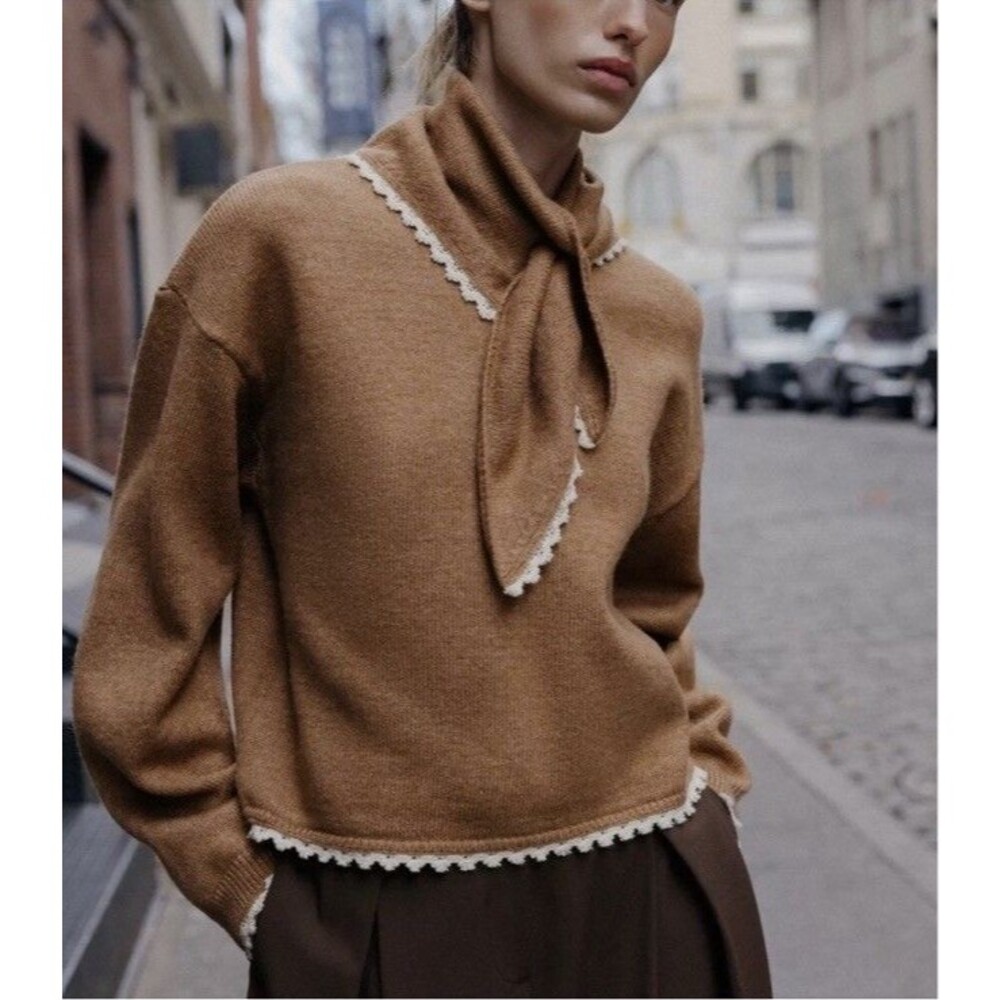 Zara Bandana Lace Trim Knit Sweater M Brown Subtle Luxury Preppy Brown Pullover